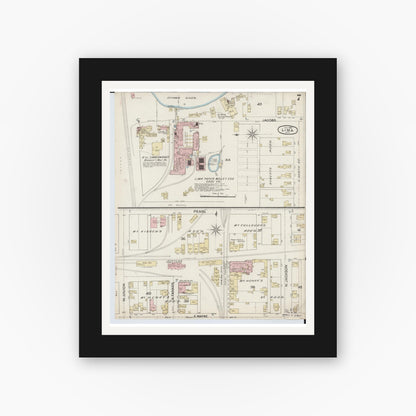Old map wall art mockup — black gallery frame with white mat — Sanborn Fire Insurance Map from Lima, Allen County, Ohio (1887), Sheet #0007