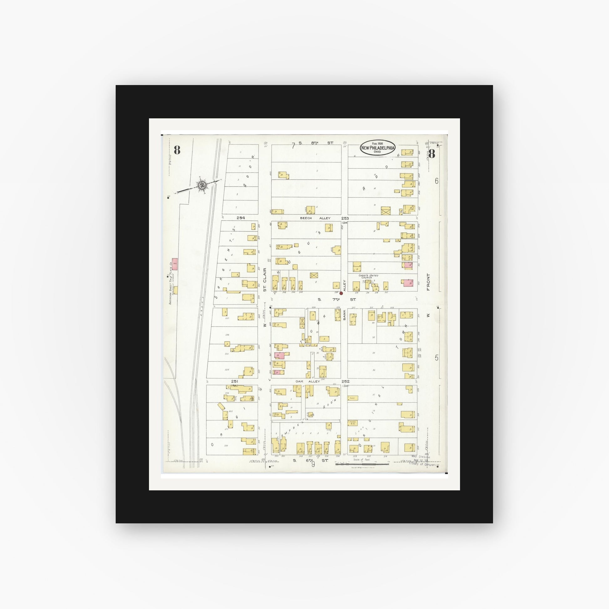 Old map wall art mockup — black gallery frame with white mat — Sanborn Fire Insurance Map from New Philadelphia, Tuscarawas County, Ohio (1926), Sheet #0008