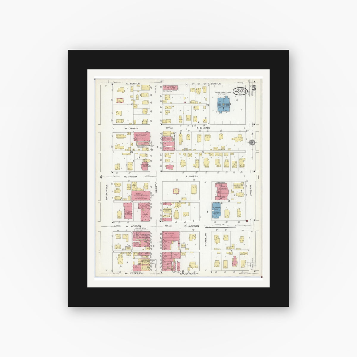 Old map wall art mockup — black gallery frame with white mat — Sanborn Fire Insurance Map from Morris, Grundy County, Illinois (1916), Sheet #0005