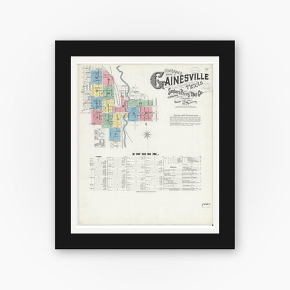 Old map wall art mockup — black gallery frame with white mat — Sanborn Fire Insurance Map from Gainesville, Cooke County, Texas (1897), Sheet #0001