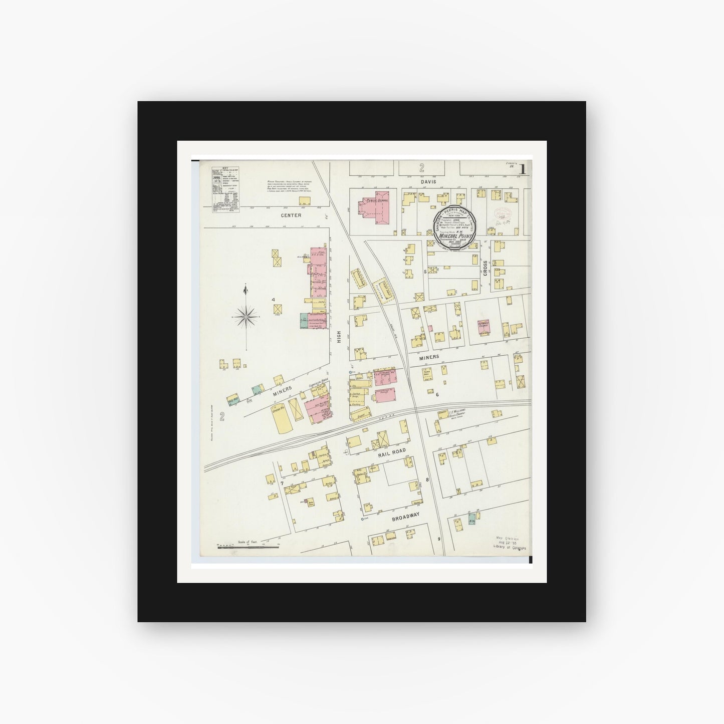 Old map wall art mockup — black gallery frame with white mat — Sanborn Fire Insurance Map from Mineral City, Tuscarawas County, Ohio (1895), Sheet #0001