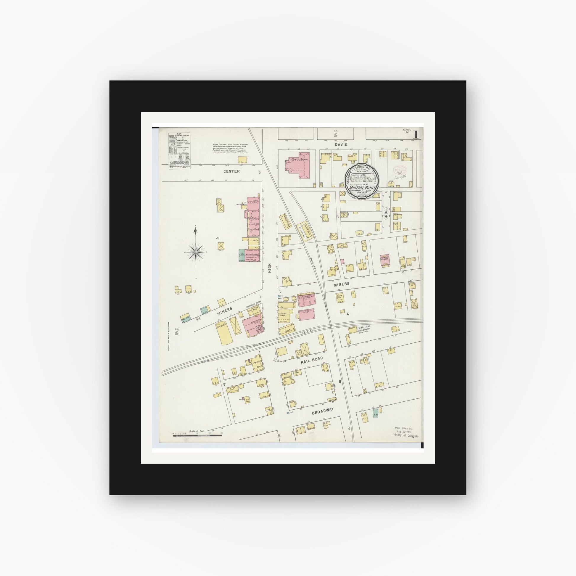 Old map wall art mockup — black gallery frame with white mat — Sanborn Fire Insurance Map from Mineral City, Tuscarawas County, Ohio (1895), Sheet #0001