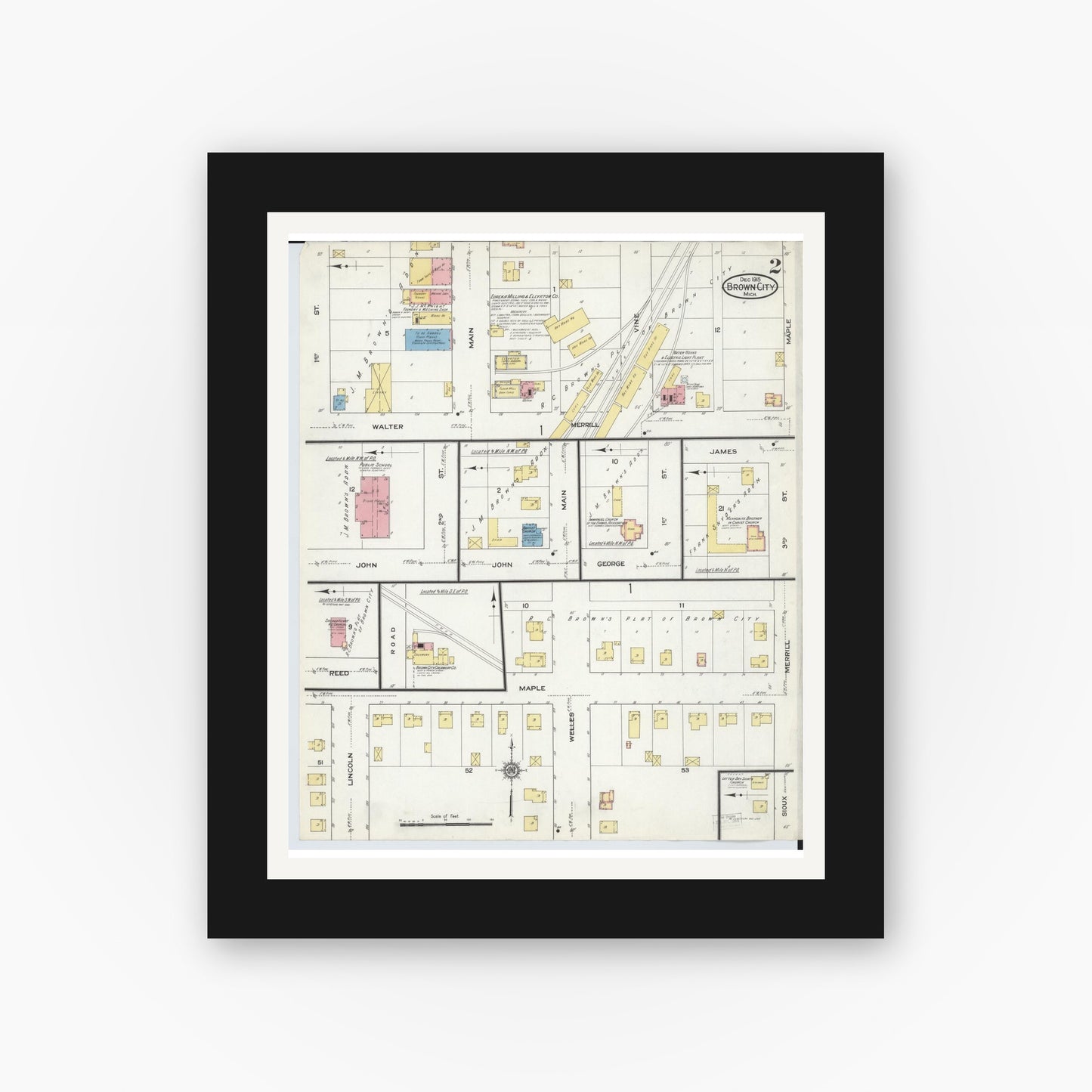 Old map wall art mockup — black gallery frame with white mat — Sanborn Fire Insurance Map from Brown City, Sanilac County, Michigan (1915), Sheet #0002