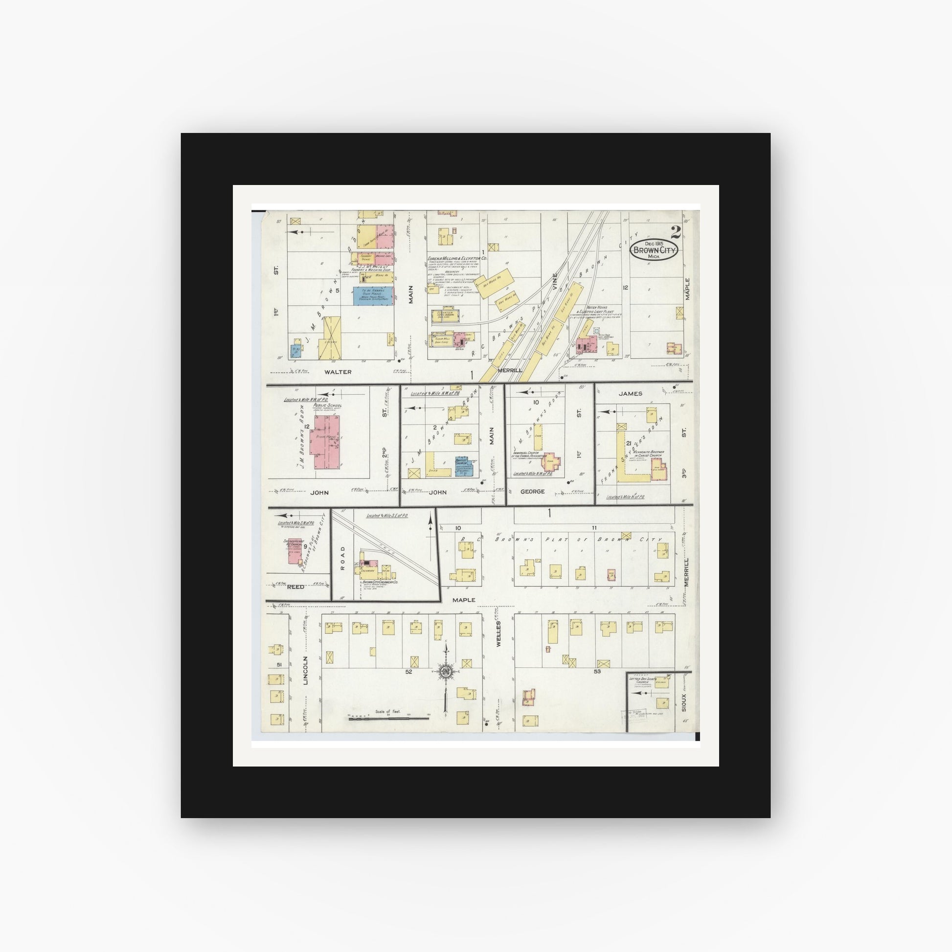 Old map wall art mockup — black gallery frame with white mat — Sanborn Fire Insurance Map from Brown City, Sanilac County, Michigan (1915), Sheet #0002