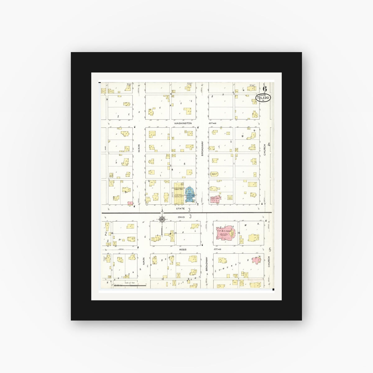 Old map wall art mockup — black gallery frame with white mat — Sanborn Fire Insurance Map from Toledo, Tama County, Iowa (1915), Sheet #0006
