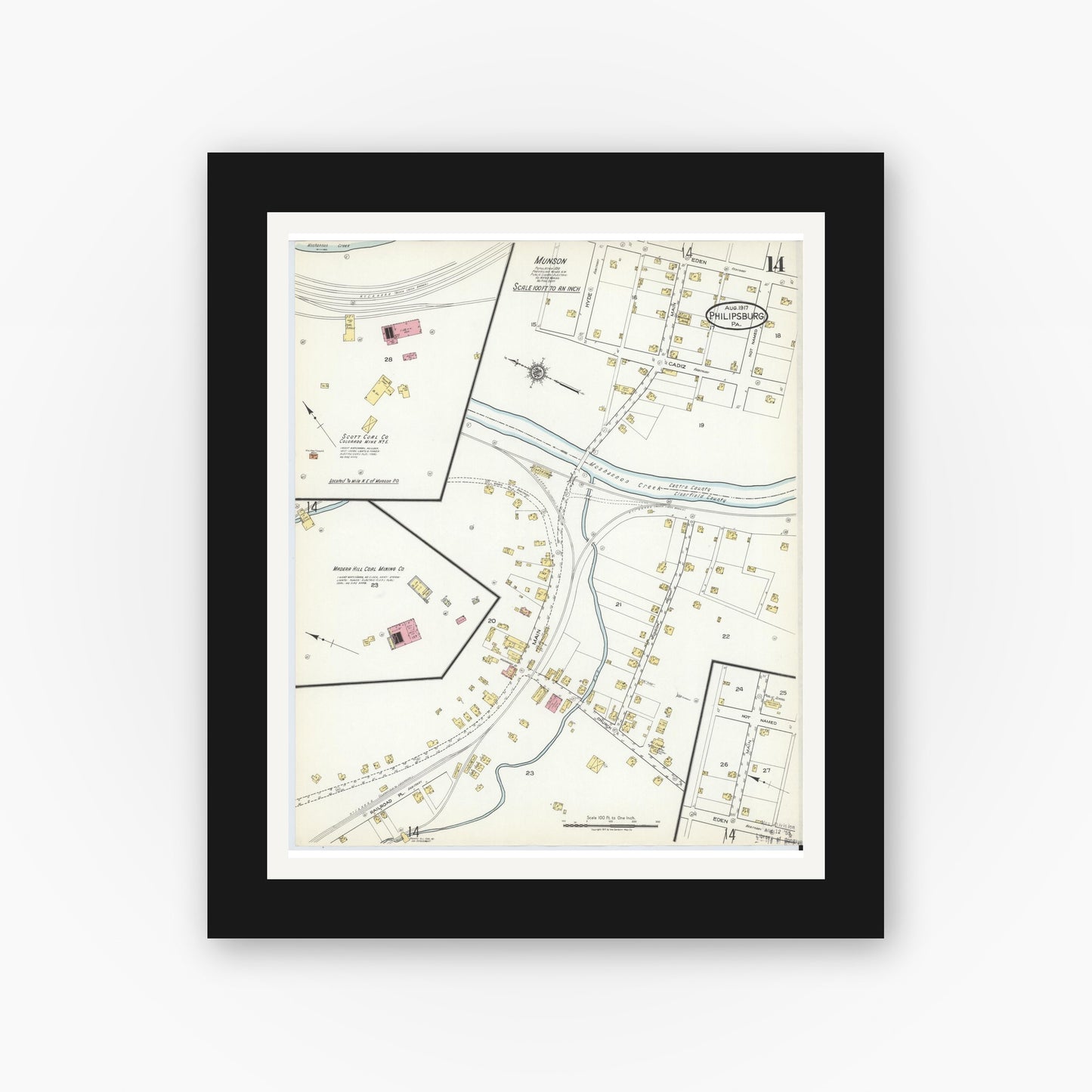 Old map wall art mockup — black gallery frame with white mat — Sanborn Fire Insurance Map from Philipsburg, Centre County, Pennsylvania (1917), Sheet #0014
