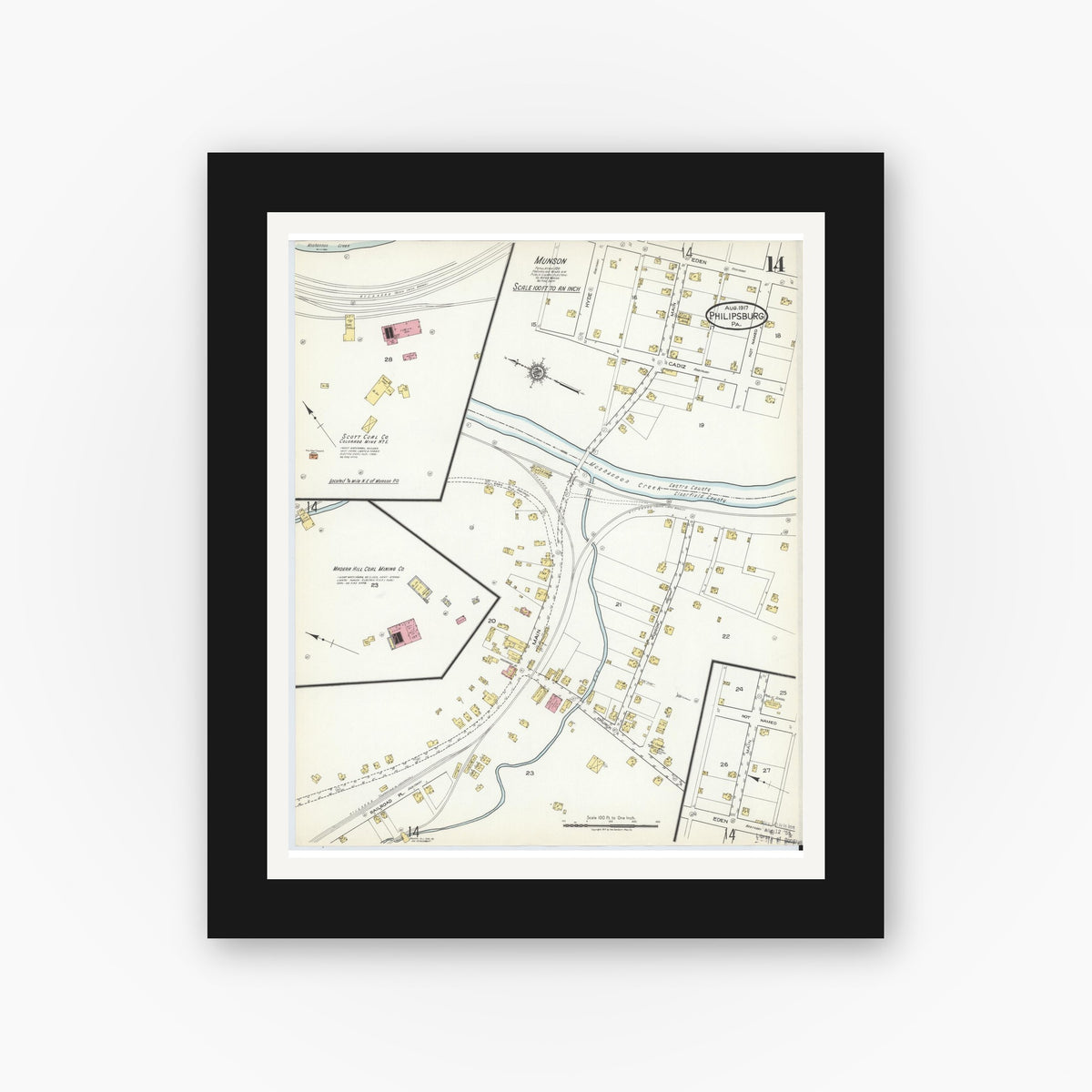 Old map wall art mockup — black gallery frame with white mat — Sanborn Fire Insurance Map from Philipsburg, Centre County, Pennsylvania (1917), Sheet #0014
