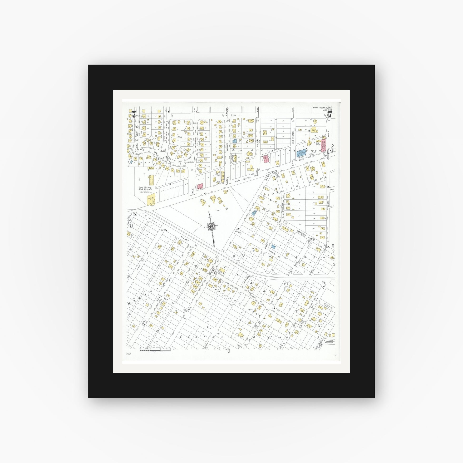 Old map wall art mockup — black gallery frame with white mat — Sanborn Fire Insurance Map from Port Neches, Jefferson County, Texas (1949), Sheet #0007