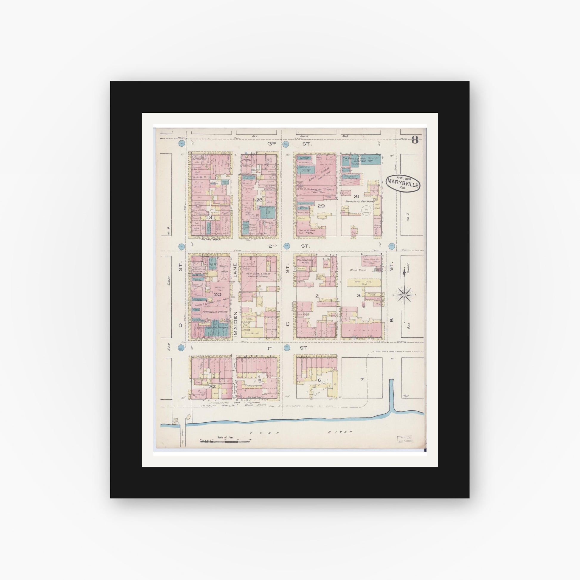 Old map wall art mockup — black gallery frame with white mat — Sanborn Fire Insurance Map from Marysville, Yuba County, California (1885), Sheet #0008