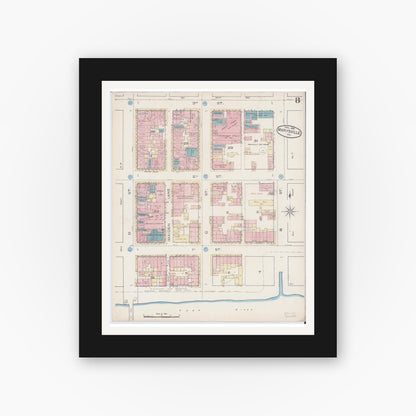 Old map wall art mockup — black gallery frame with white mat — Sanborn Fire Insurance Map from Marysville, Yuba County, California (1885), Sheet #0008