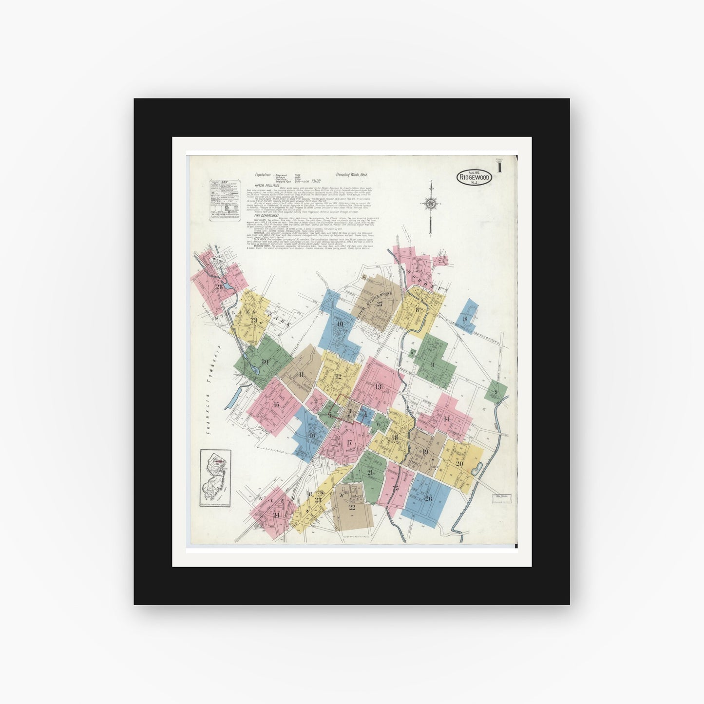 Old map wall art mockup — black gallery frame with white mat — Sanborn Fire Insurance Map from Ridgewood, Bergen County, New Jersey (1916) - Complete Map Set