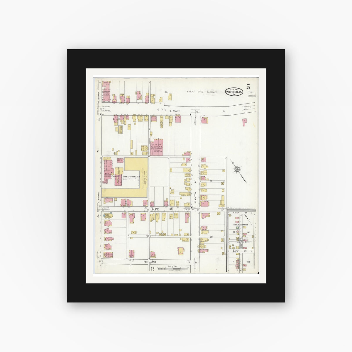 Old map wall art mockup — black gallery frame with white mat — Sanborn Fire Insurance Map from Waynesboro, Franklin County, Pennsylvania (1916), Sheet #0005