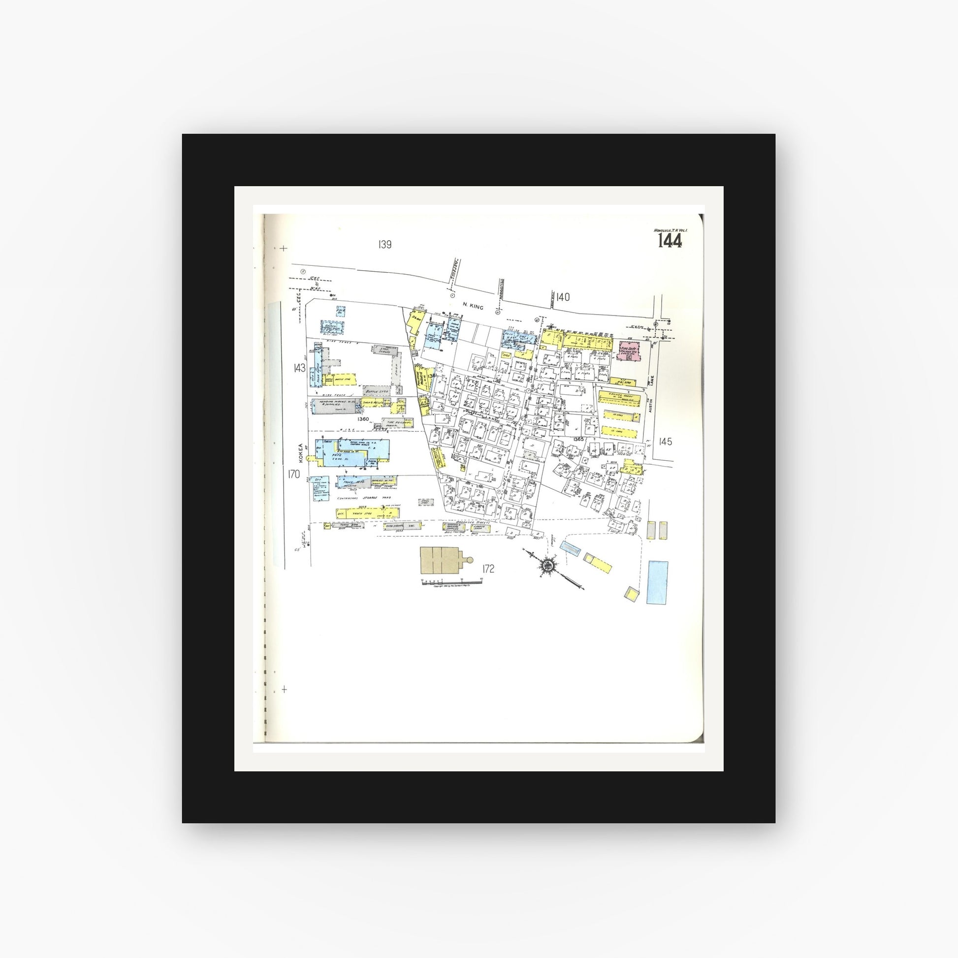 Old map wall art mockup — black gallery frame with white mat — Sanborn Fire Insurance Map from Honolulu, Oahu County, Hawaii (1955), Sheet #0144