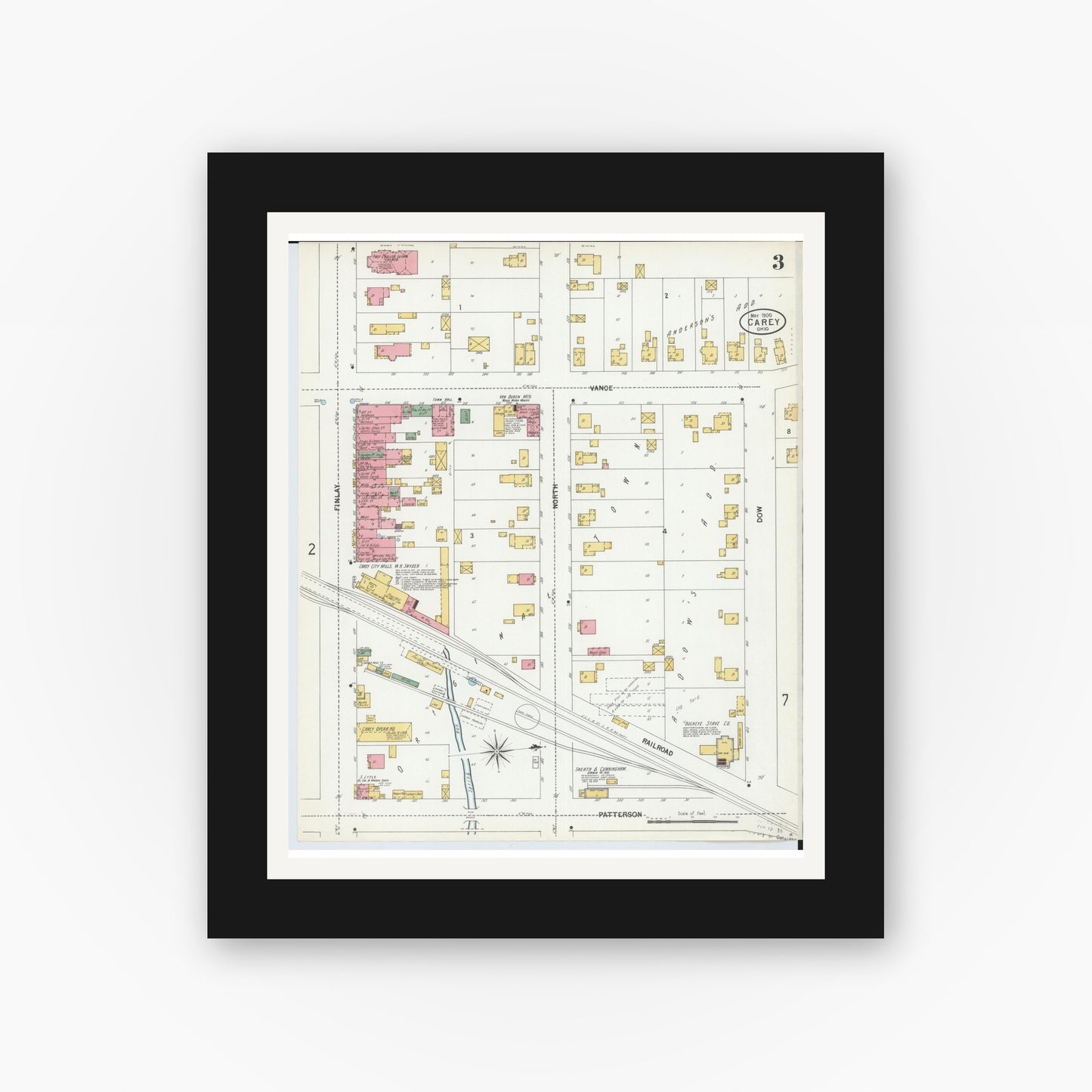 Old map wall art mockup — black gallery frame with white mat — Sanborn Fire Insurance Map from Carey, Wyandot County, Ohio (1900), Sheet #0003