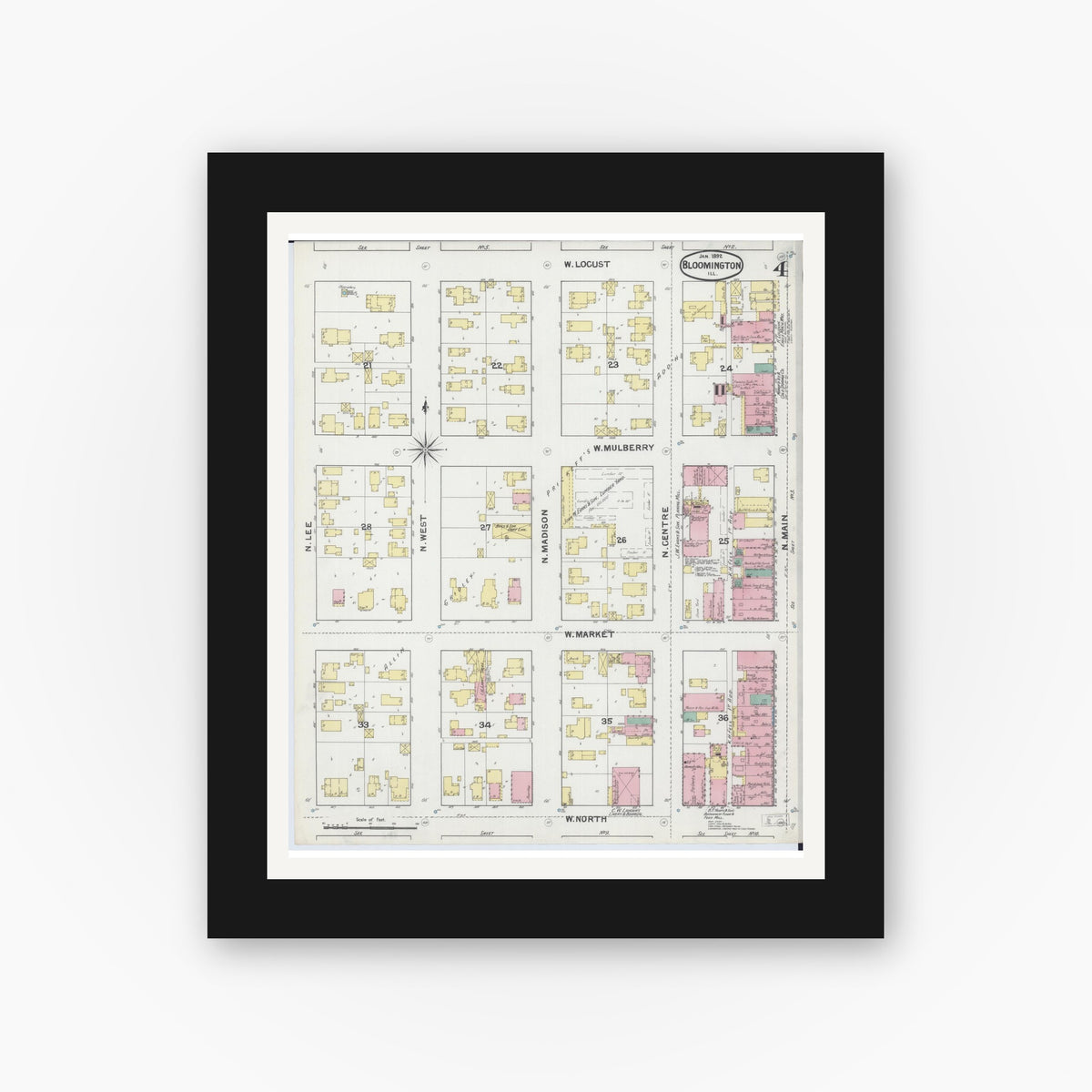 Old map wall art mockup — black gallery frame with white mat — Sanborn Fire Insurance Map from Bloomington, McLean County, Illinois (1892), Sheet #0004