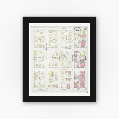 Old map wall art mockup — black gallery frame with white mat — Sanborn Fire Insurance Map from Bloomington, McLean County, Illinois (1892), Sheet #0004