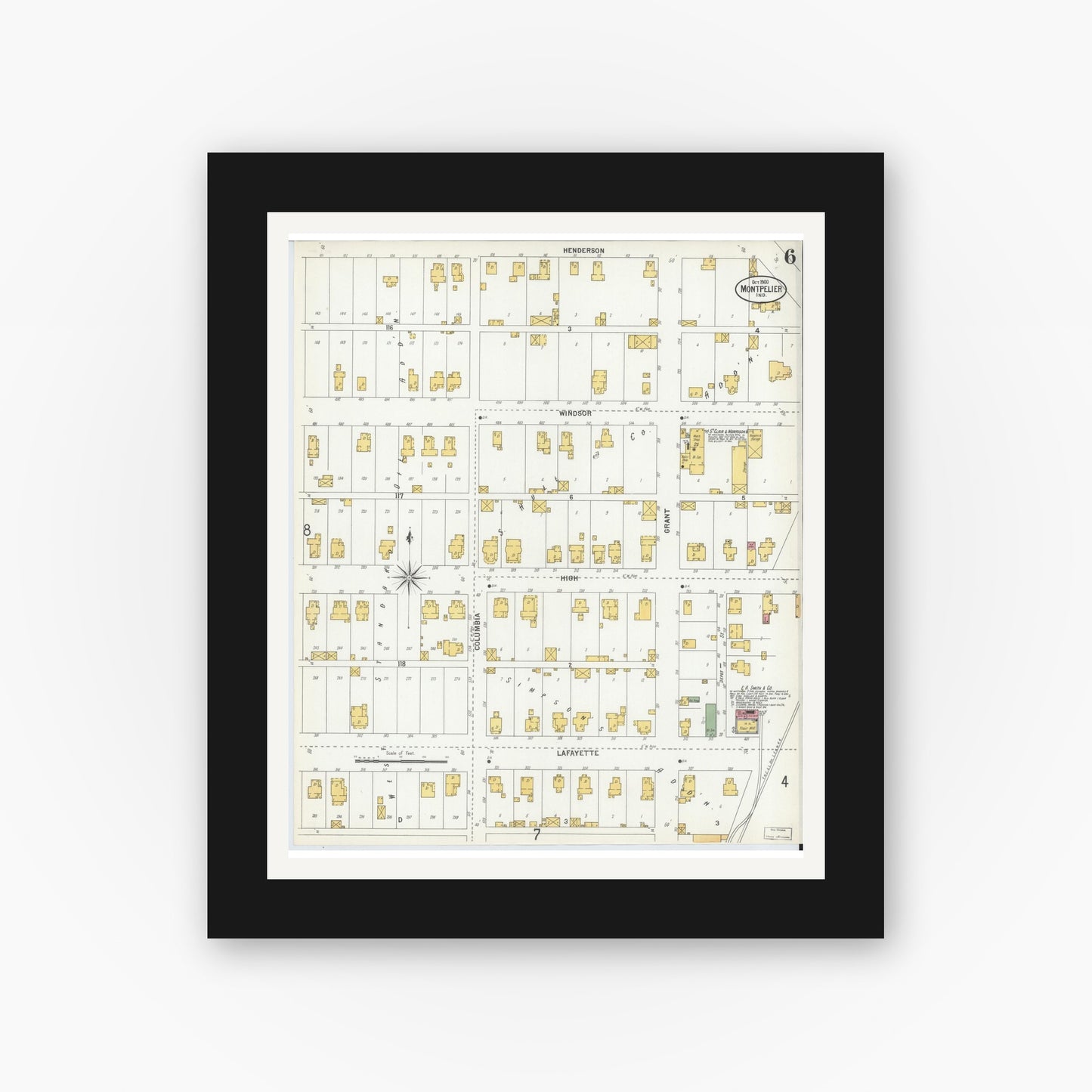 Old map wall art mockup — black gallery frame with white mat — Sanborn Fire Insurance Map from Montpelier, Blackford County, Indiana (1900), Sheet #0006