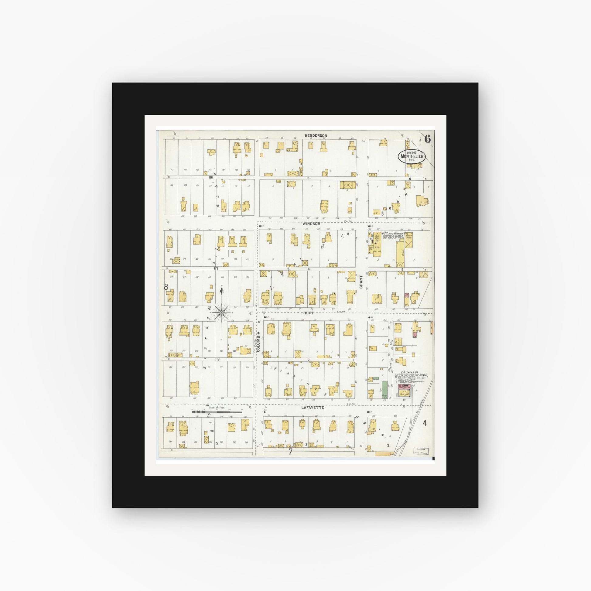 Old map wall art mockup — black gallery frame with white mat — Sanborn Fire Insurance Map from Montpelier, Blackford County, Indiana (1900), Sheet #0006