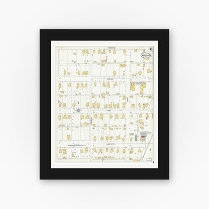 Old map wall art mockup — black gallery frame with white mat — Sanborn Fire Insurance Map from Montpelier, Blackford County, Indiana (1900), Sheet #0006