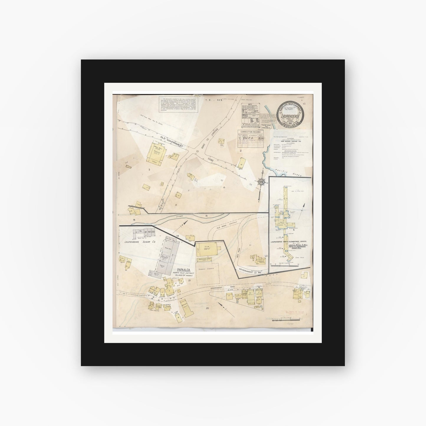 Old map wall art mockup — black gallery frame with white mat — Sanborn Fire Insurance Map from Laupahoehoe, Hawaii County, Hawaii (1956), Sheet #0001