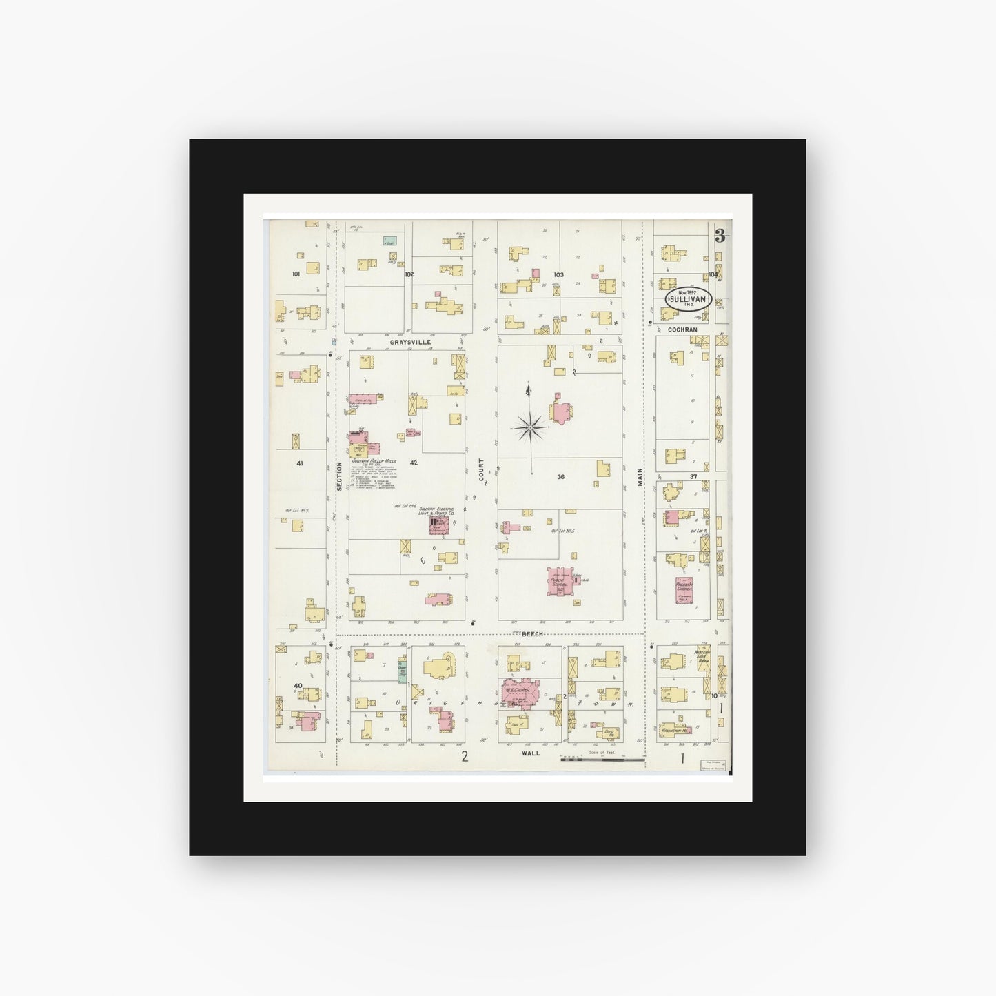 Old map wall art mockup — black gallery frame with white mat — Sanborn Fire Insurance Map from Sullivan, Sullivan County, Indiana (1897), Sheet #0003