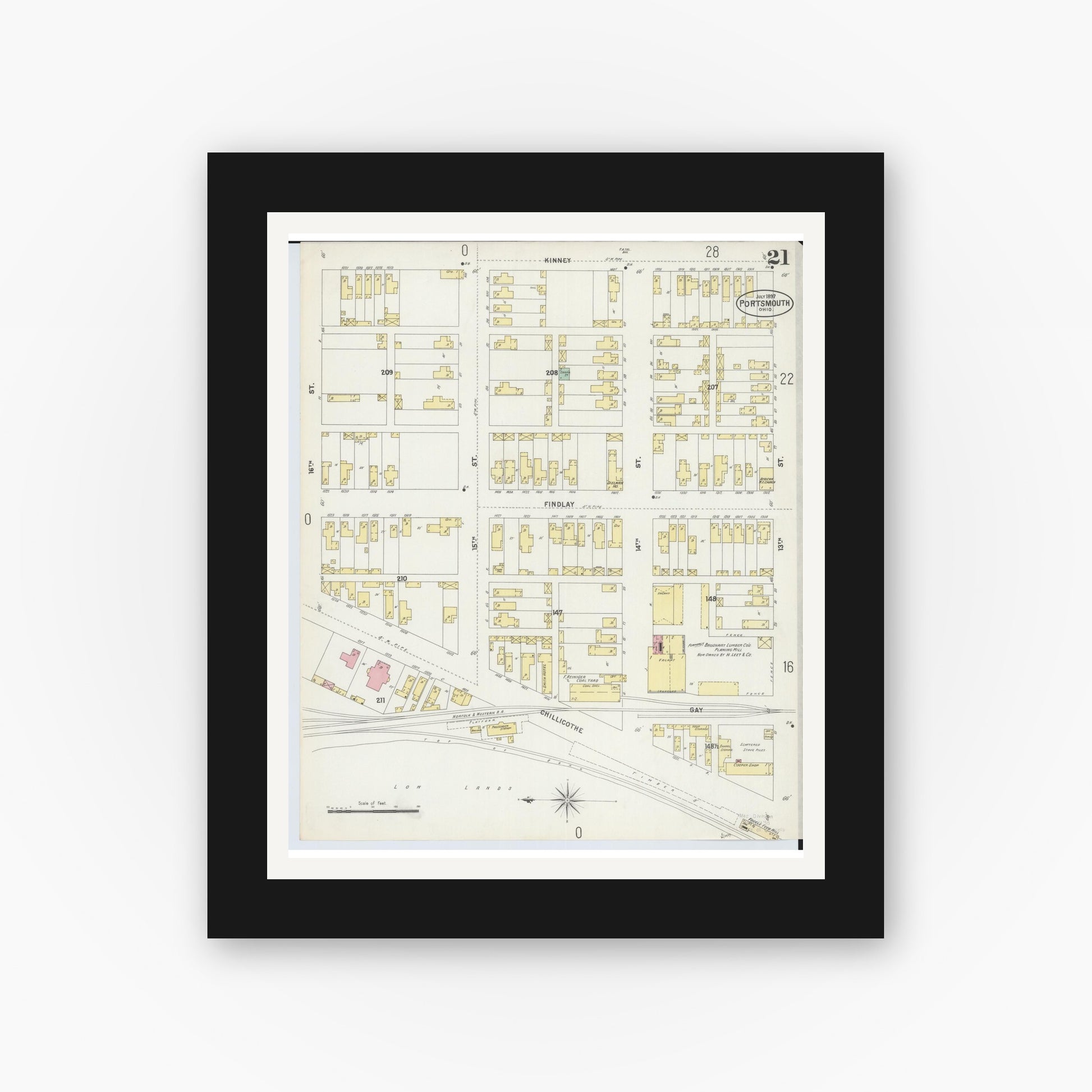 Old map wall art mockup — black gallery frame with white mat — Sanborn Fire Insurance Map from Portsmouth, Scioto County, Ohio (1897), Sheet #0021