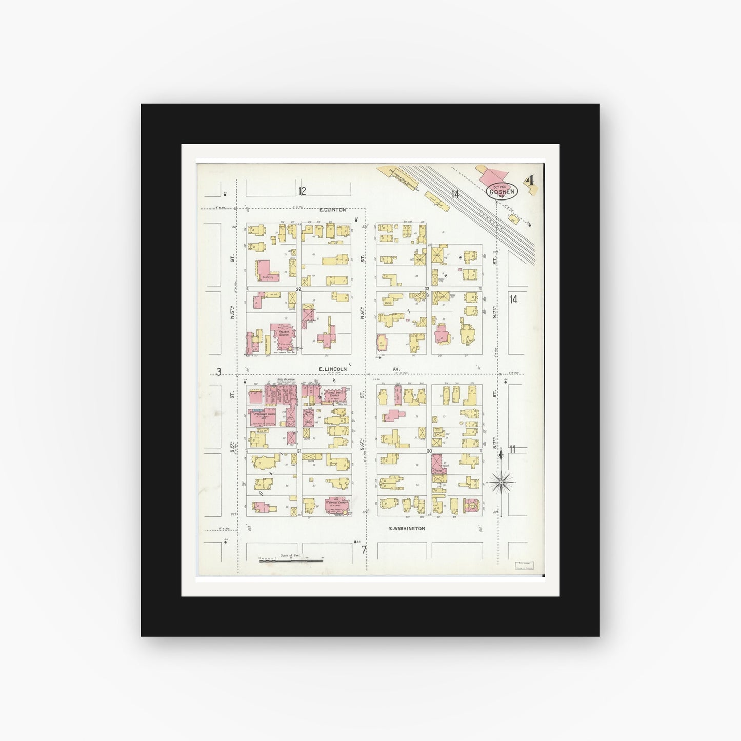 Old map wall art mockup — black gallery frame with white mat — Sanborn Fire Insurance Map from Goshen, Elkhart County, Indiana (1901), Sheet #0004