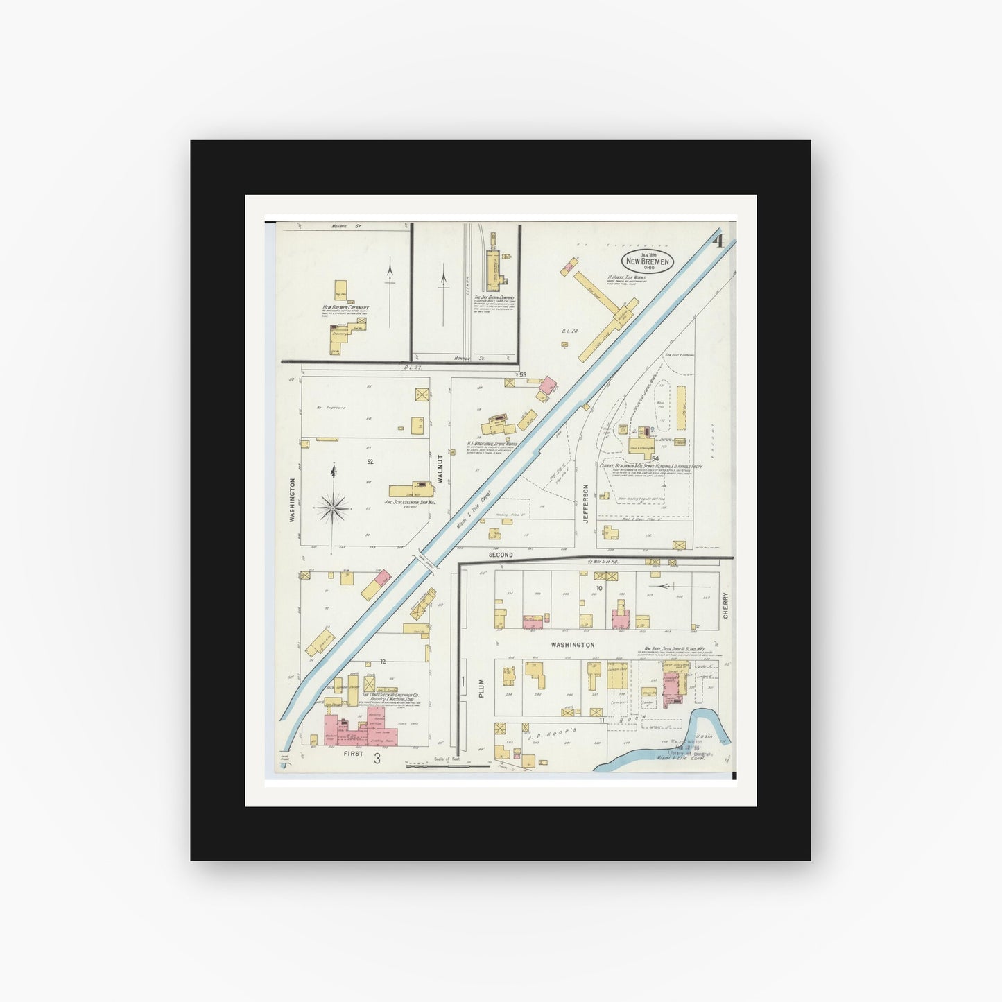 Old map wall art mockup — black gallery frame with white mat — Sanborn Fire Insurance Map from New Bremen, Auglaize County, Ohio (1899), Sheet #0004