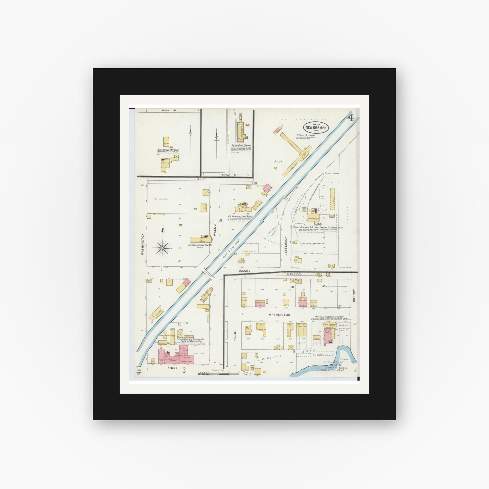 Old map wall art mockup — black gallery frame with white mat — Sanborn Fire Insurance Map from New Bremen, Auglaize County, Ohio (1899), Sheet #0004