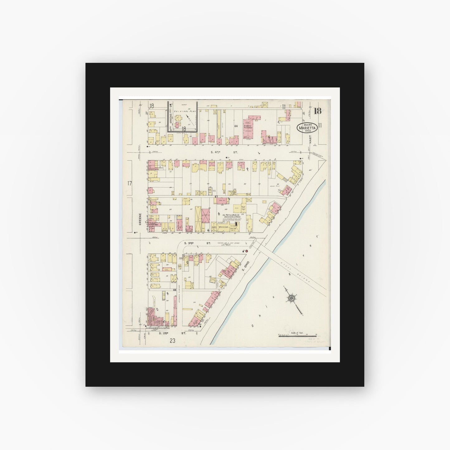 Old map wall art mockup — black gallery frame with white mat — Sanborn Fire Insurance Map from Marietta, Washington County, Ohio (1915), Sheet #0018