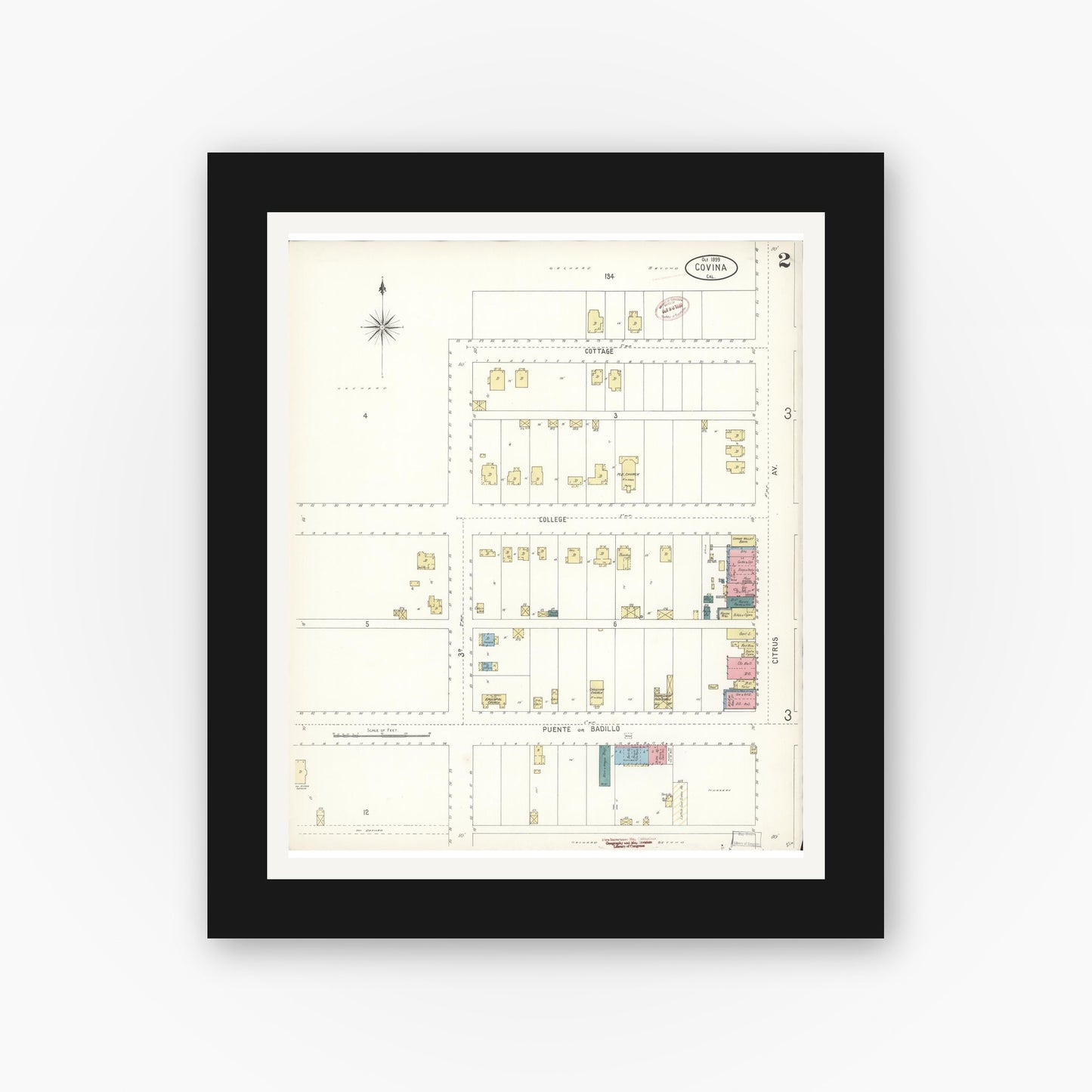 Old map wall art mockup — black gallery frame with white mat — Sanborn Fire Insurance Map from Covina, Los Angeles County, California (1899), Sheet #0002