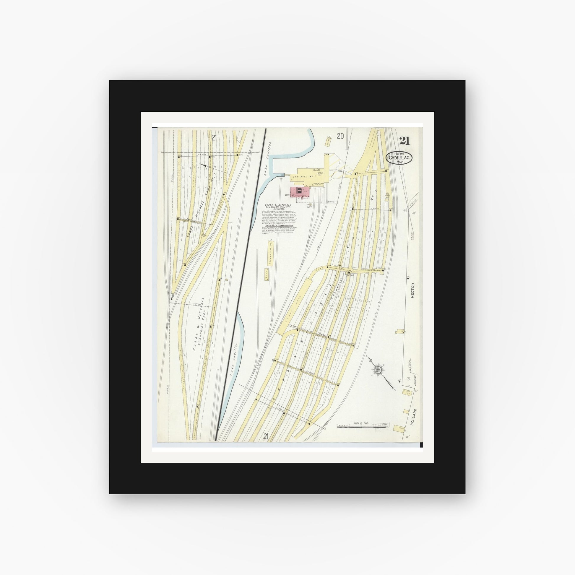 Old map wall art mockup — black gallery frame with white mat — Sanborn Fire Insurance Map from Cadillac, Wexford County, Michigan (1914), Sheet #0021