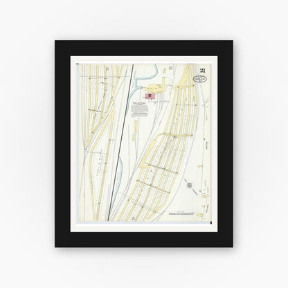 Old map wall art mockup — black gallery frame with white mat — Sanborn Fire Insurance Map from Cadillac, Wexford County, Michigan (1914), Sheet #0021