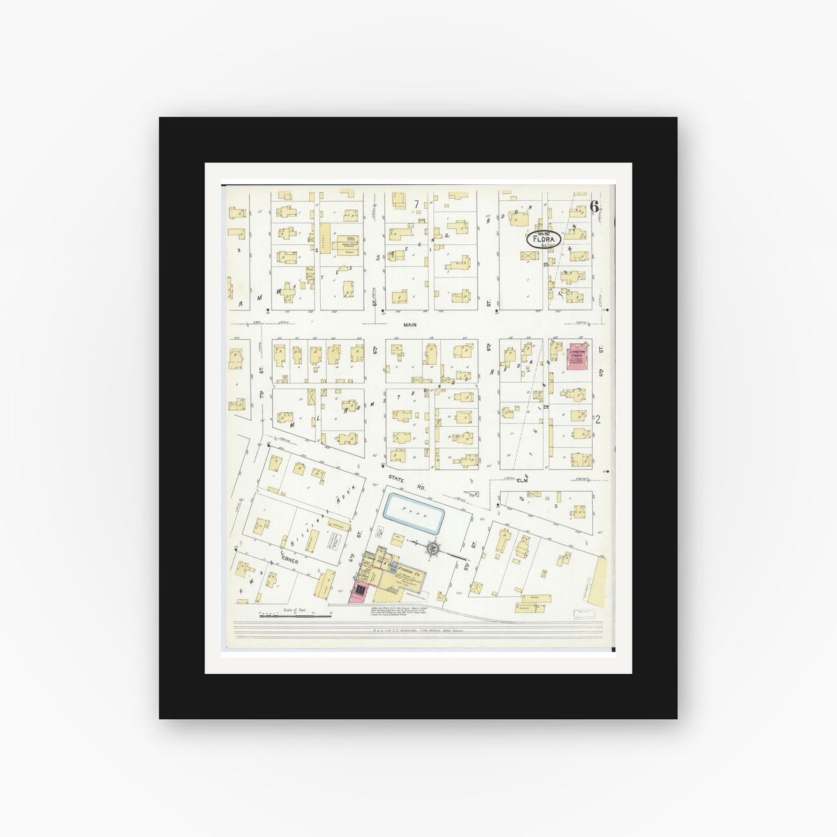 Old map wall art mockup — black gallery frame with white mat — Sanborn Fire Insurance Map from Flora, Clay County, Illinois (1912), Sheet #0006
