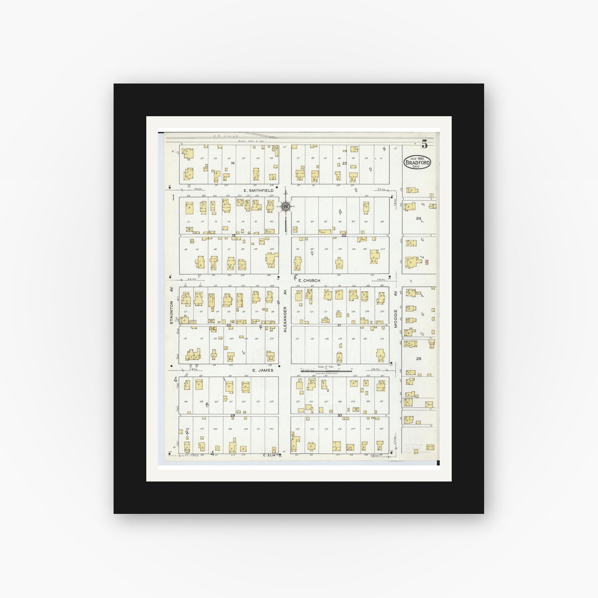 Old map wall art mockup — black gallery frame with white mat — Sanborn Fire Insurance Map from Bradford, Darke and Miami Counties, Ohio (1920), Sheet #0005