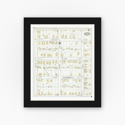 Old map wall art mockup — black gallery frame with white mat — Sanborn Fire Insurance Map from Bradford, Darke and Miami Counties, Ohio (1920), Sheet #0005
