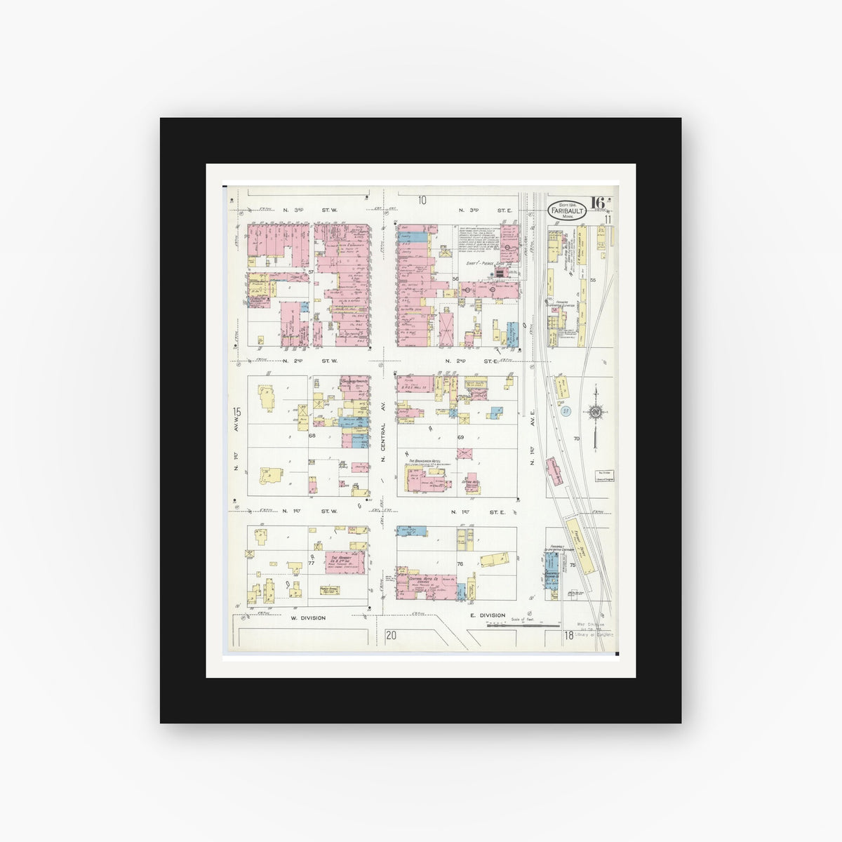 Old map wall art mockup — black gallery frame with white mat — Sanborn Fire Insurance Map from Faribault, Rice County, Minnesota (1914), Sheet #0016