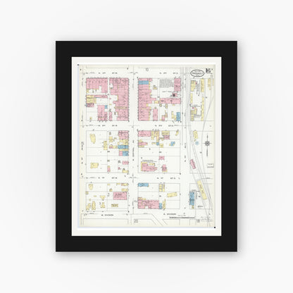 Old map wall art mockup — black gallery frame with white mat — Sanborn Fire Insurance Map from Faribault, Rice County, Minnesota (1914), Sheet #0016