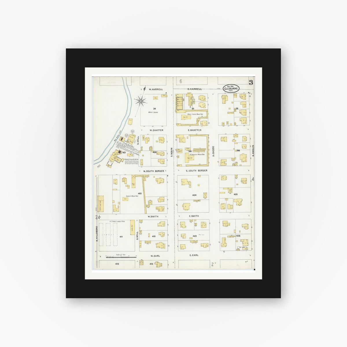 Old map wall art mockup — black gallery frame with white mat — Sanborn Fire Insurance Map from Cleburne, Johnson County, Texas (1904), Sheet #0003