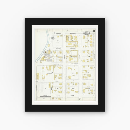 Old map wall art mockup — black gallery frame with white mat — Sanborn Fire Insurance Map from Cleburne, Johnson County, Texas (1904), Sheet #0003