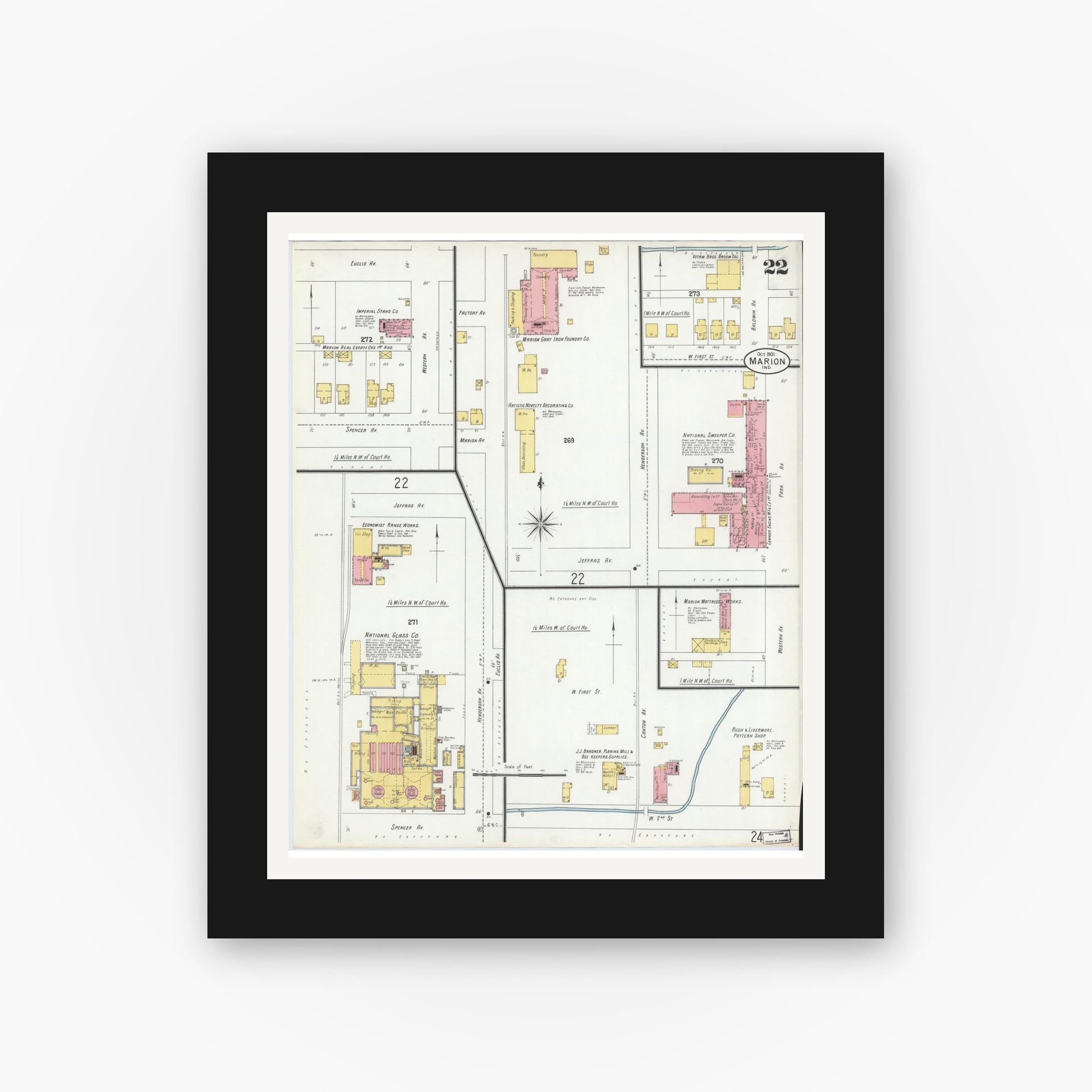 Old map wall art mockup — black gallery frame with white mat — Sanborn Fire Insurance Map from Marion, Grant County, Indiana (1901), Sheet #0022