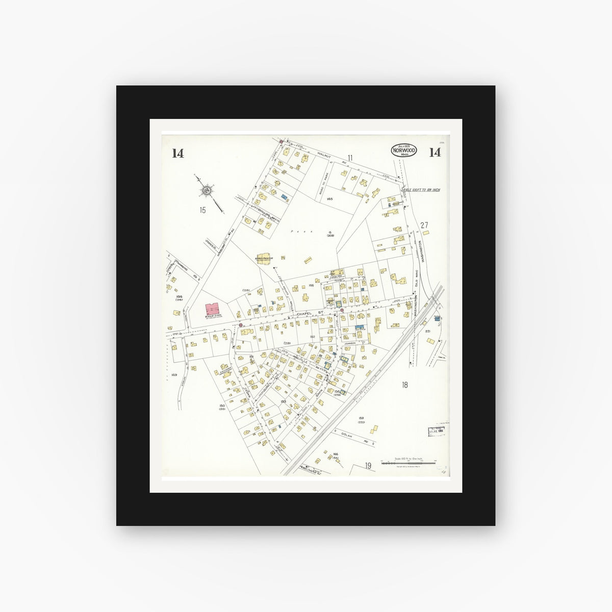 Old map wall art mockup — black gallery frame with white mat — Sanborn Fire Insurance Map from Norwood, Norfolk County, Massachusetts (1923), Sheet #0014