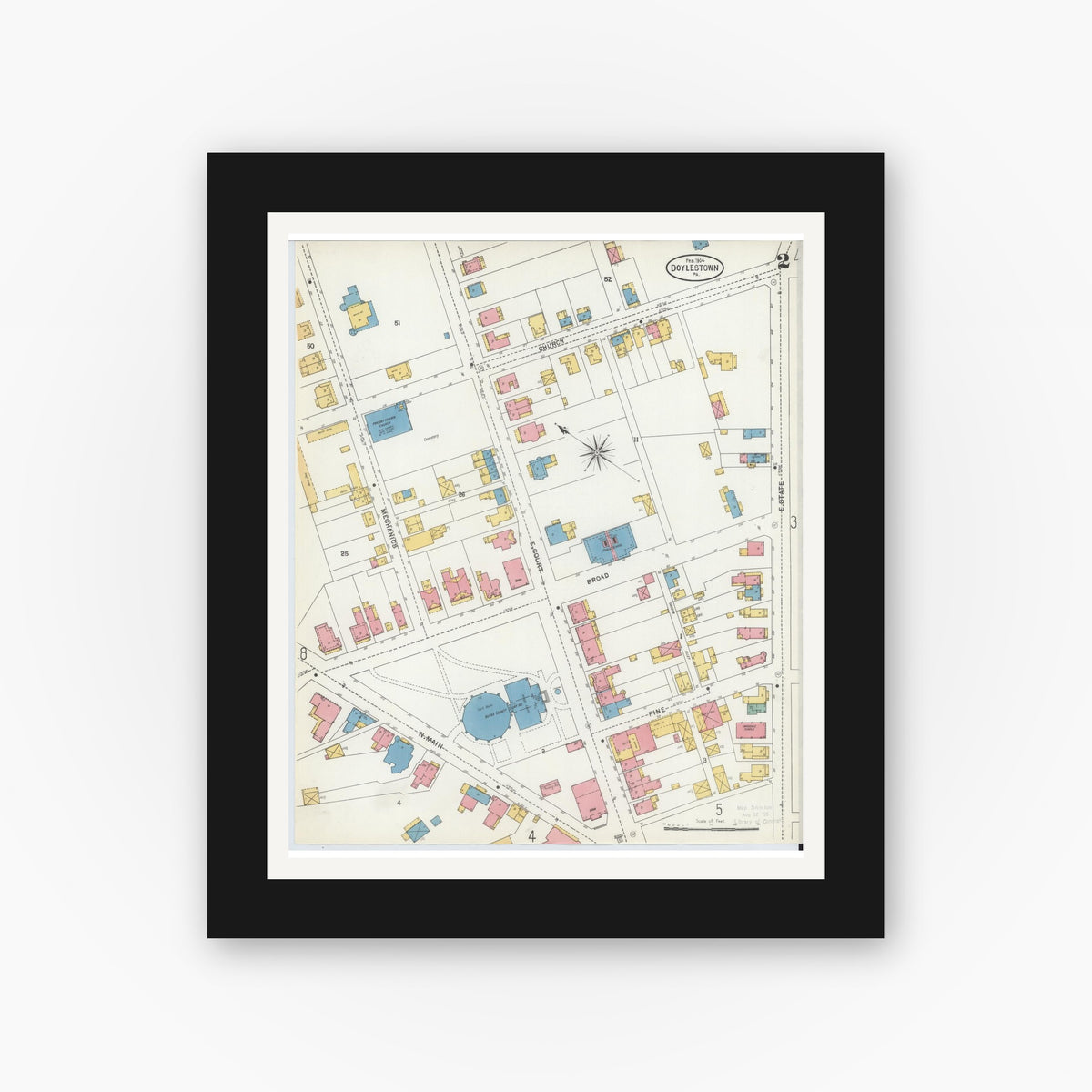 Old map wall art mockup — black gallery frame with white mat — Sanborn Fire Insurance Map from Doylestown, Bucks County, Pennsylvania (1904), Sheet #0002