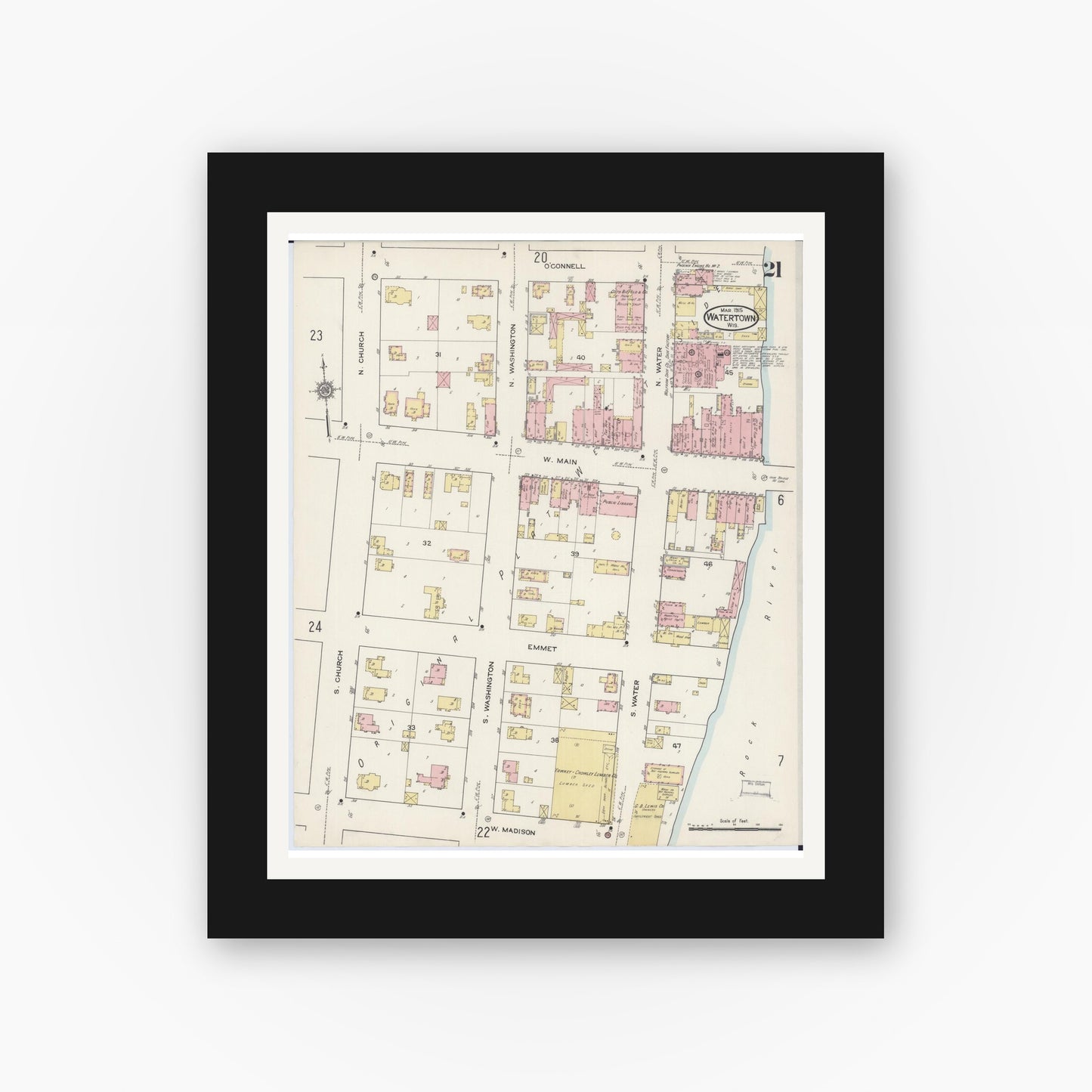 Old map wall art mockup — black gallery frame with white mat — Sanborn Fire Insurance Map from Watertown, Jefferson County, Wisconsin (1915), Sheet #0022
