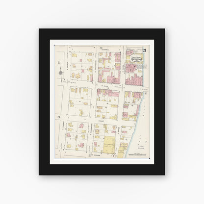 Old map wall art mockup — black gallery frame with white mat — Sanborn Fire Insurance Map from Watertown, Jefferson County, Wisconsin (1915), Sheet #0022