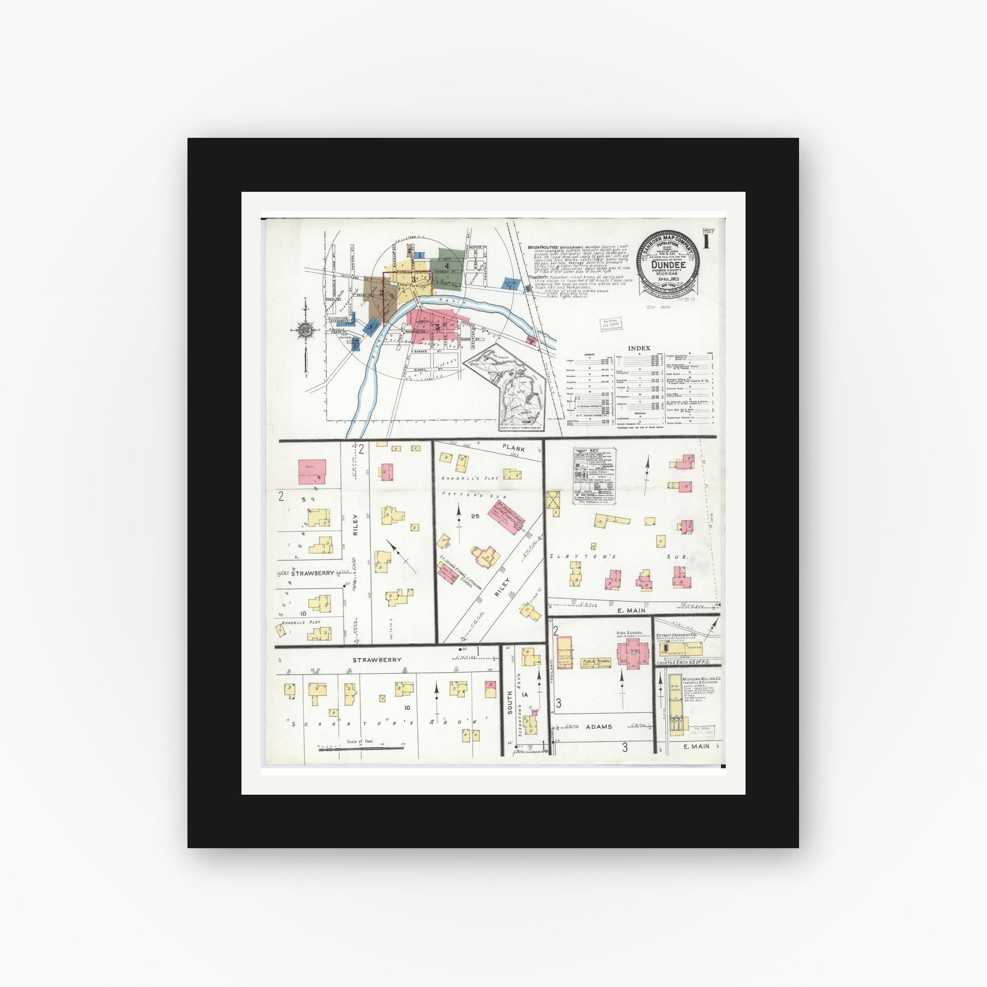 Old map wall art mockup — black gallery frame with white mat — Sanborn Fire Insurance Map from Dundee, Monroe County, Michigan (1923) - Complete Map Set