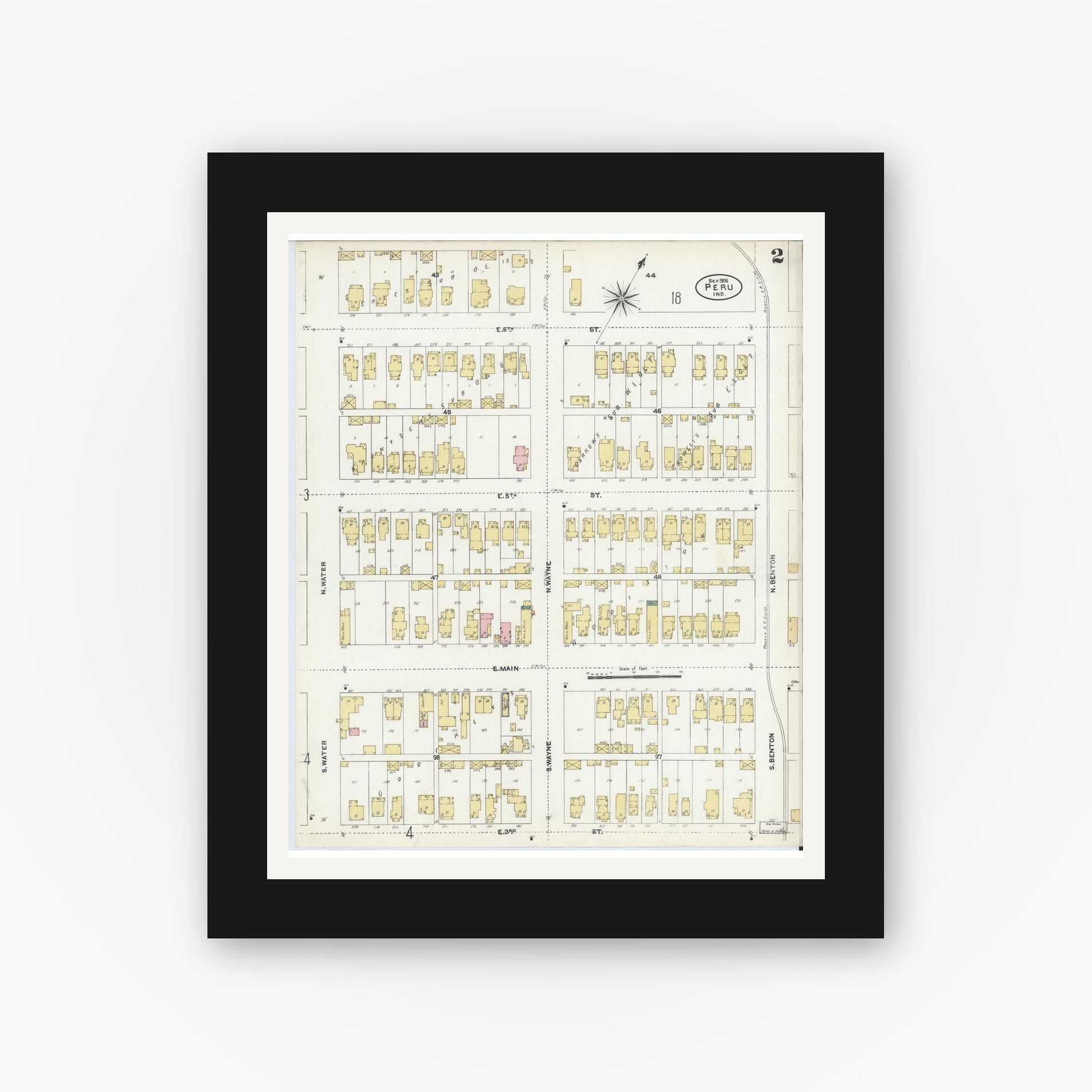 Old map wall art mockup — black gallery frame with white mat — Sanborn Fire Insurance Map from Peru, Miami County, Indiana (1906), Sheet #0002