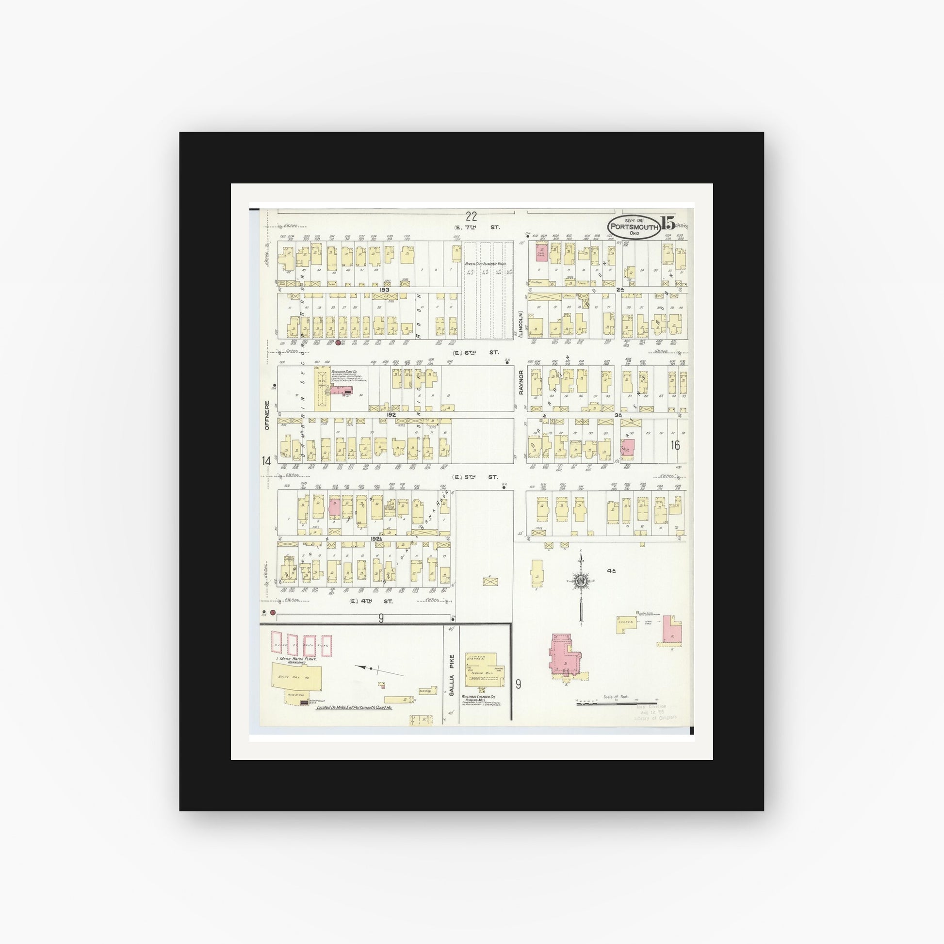 Old map wall art mockup — black gallery frame with white mat — Sanborn Fire Insurance Map from Portsmouth, Scioto County, Ohio (1911), Sheet #0015