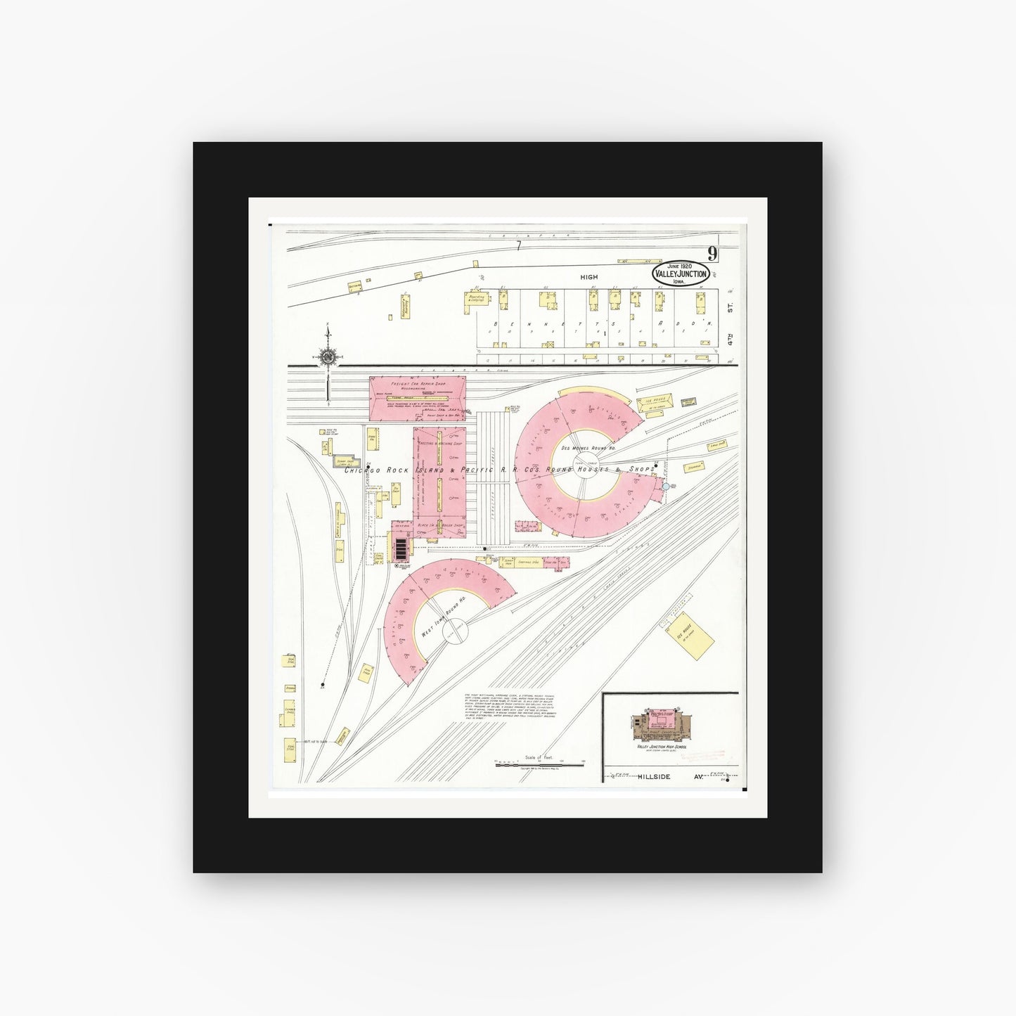 Old map wall art mockup — black gallery frame with white mat — Sanborn Fire Insurance Map from Valley Junction, Polk County, Iowa (1920), Sheet #0009