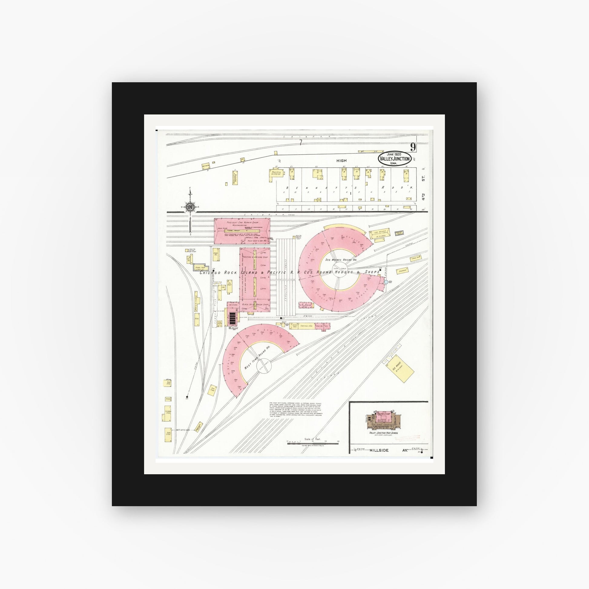 Old map wall art mockup — black gallery frame with white mat — Sanborn Fire Insurance Map from Valley Junction, Polk County, Iowa (1920), Sheet #0009